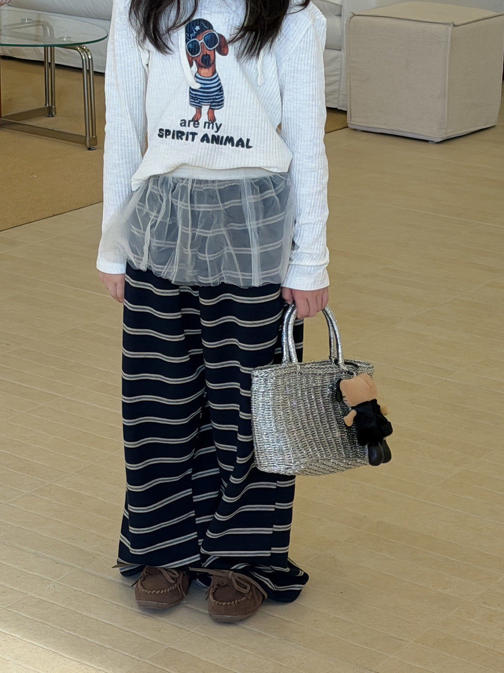 【100-160cm】輕薄寬鬆條紋闊腿褲