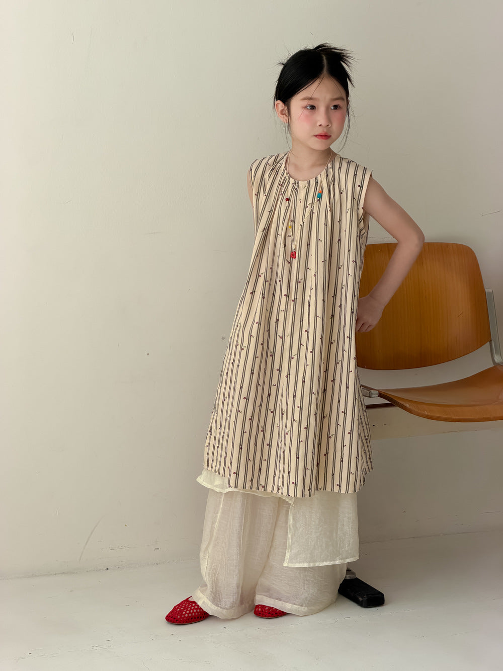 【100-160cm】韓版豎條紋小花背心裙