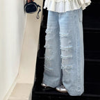 【120-160cm】破洞鑽牛仔直筒褲