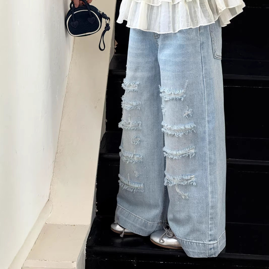 【120-160cm】破洞鑽牛仔直筒褲