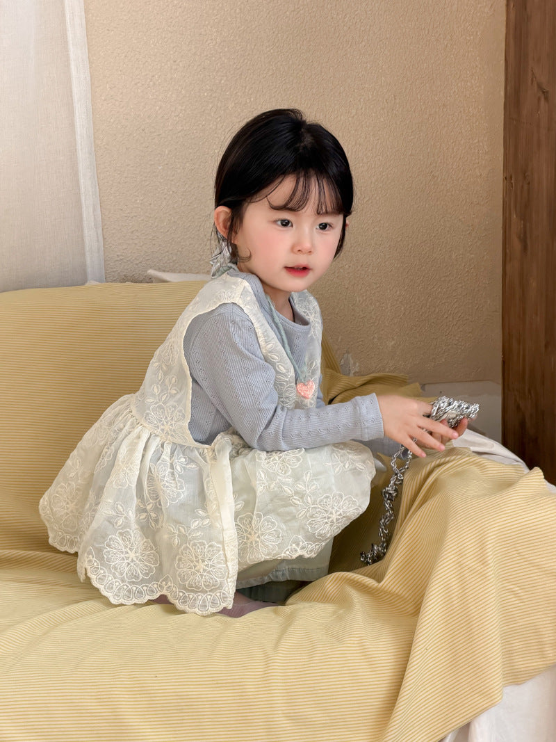 【90-140cm】韓版蕾絲網紗背心針織打底衫背心裙罩衫