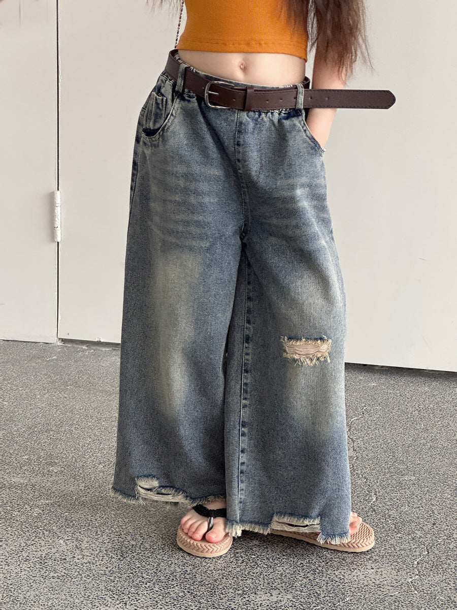 【100-150cm】 韓版破洞做舊寬鬆牛仔九分褲