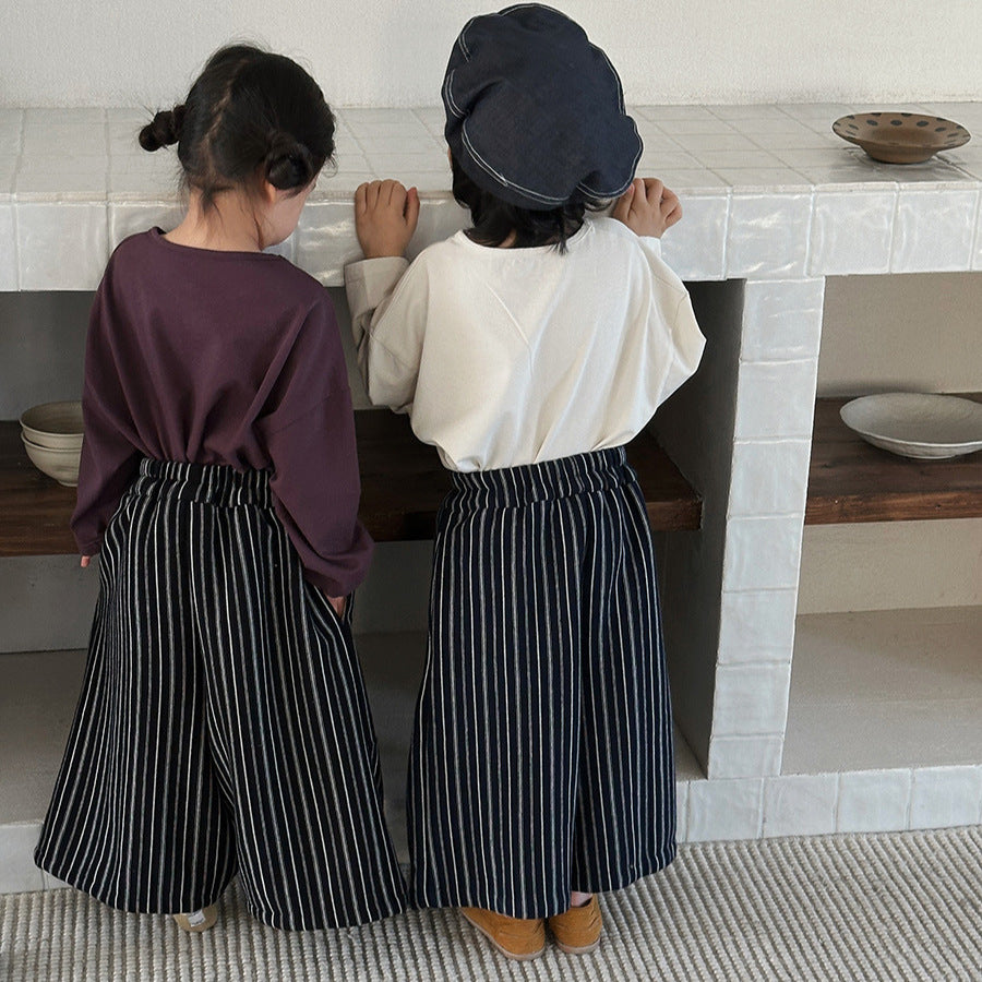 【80-140cm】豎條紋復古闊腿褲