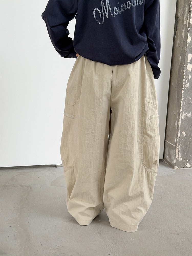 【100-170cm】(3色)山系休閒水洗棉寬鬆拼接口袋彎刀褲