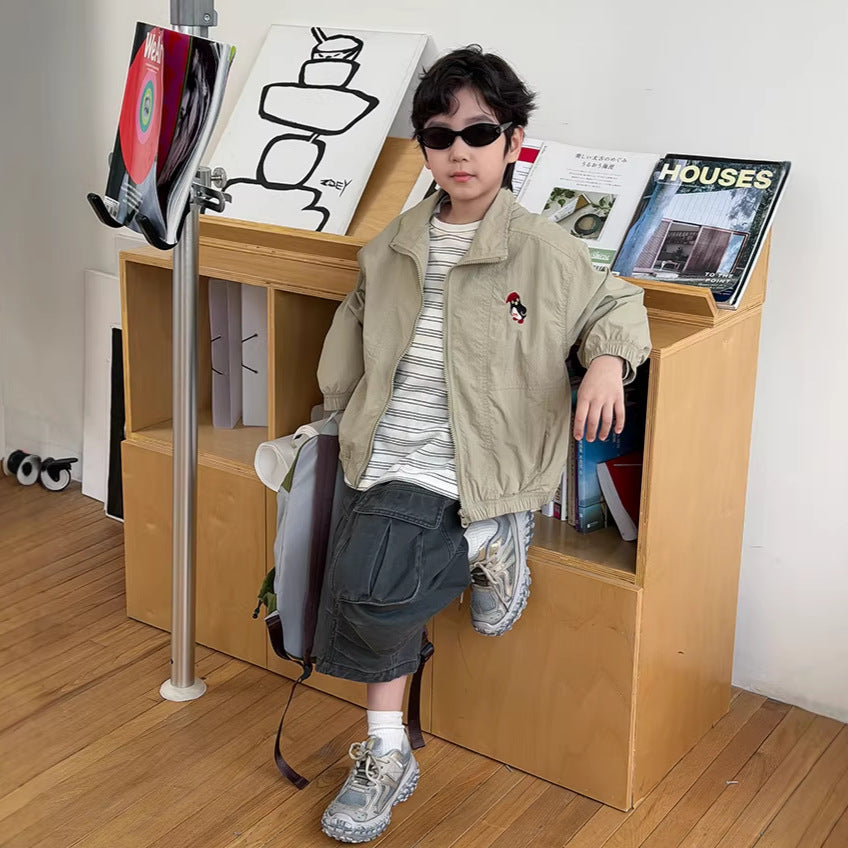 【100-170cm】復古砂洗棉做舊工裝七分褲
