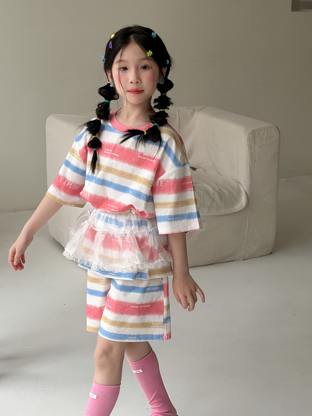 【100-160cm】韓版彩色字母條紋短褲套裝