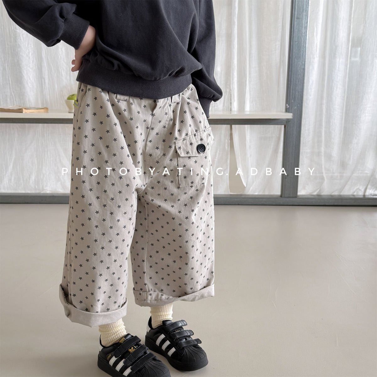 【80-130cm】水洗棉休閒直筒褲