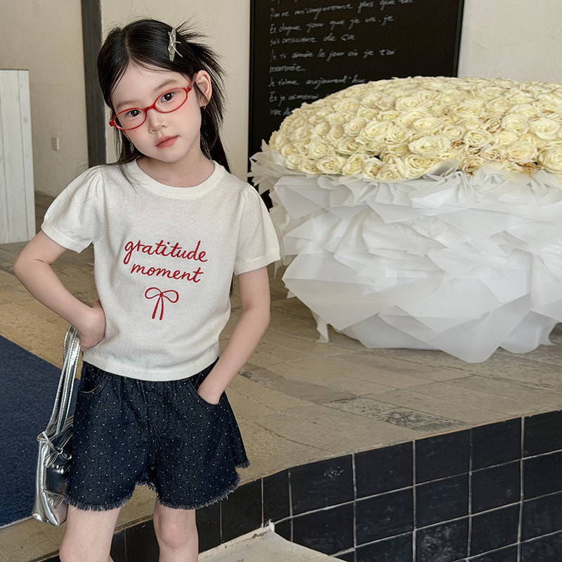 【100-170cm】韓版可愛刺繡字母蝴蝶結T