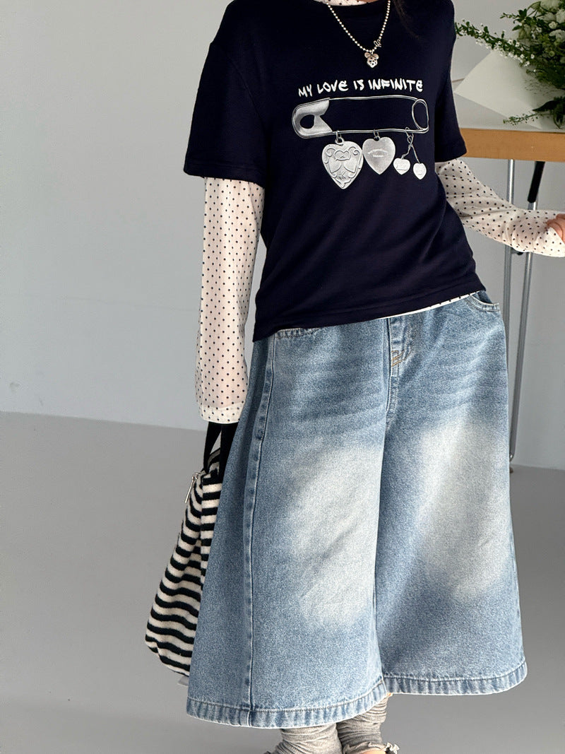 【120-160cm】過膝七分牛仔褲