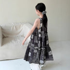 【100-160cm】韓版花邊格子掛脖連身裙