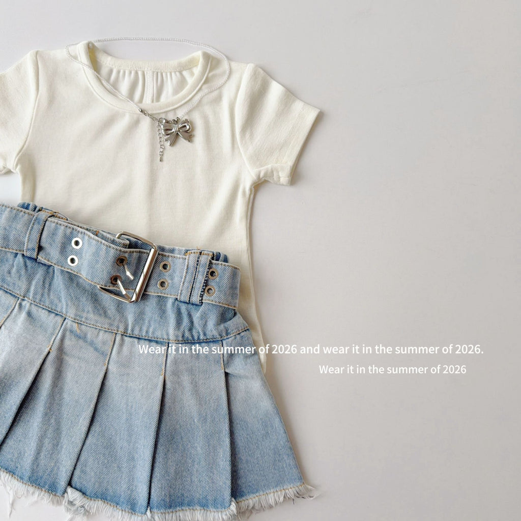 【90-150cm】荷葉邊鬆緊高腰牛仔百褶裙