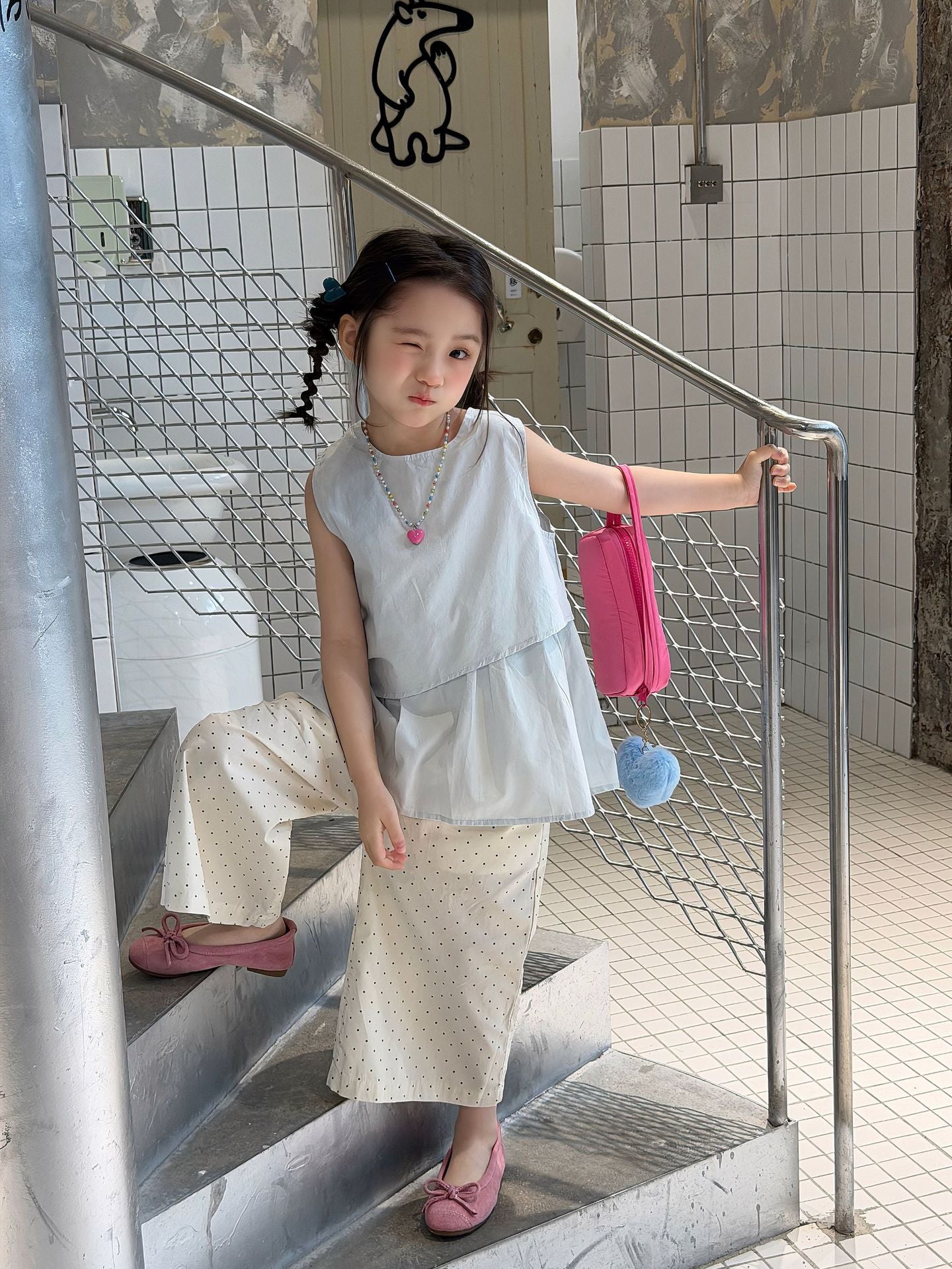 【100-160cm】娃娃衫+波點闊腿褲兩件套