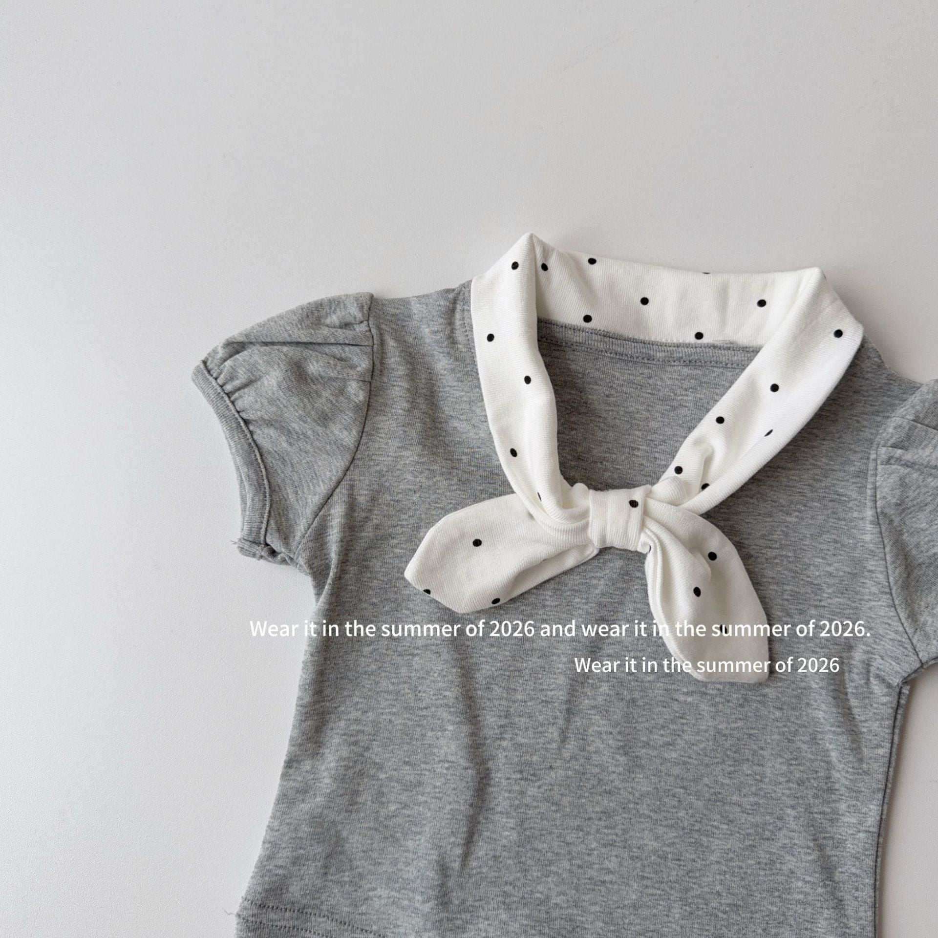 【90-150cm】復古波點蝴蝶結領短袖T