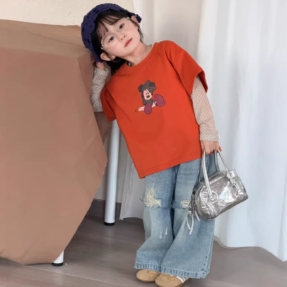 【90-140cm】時髦做舊直筒破洞牛仔褲