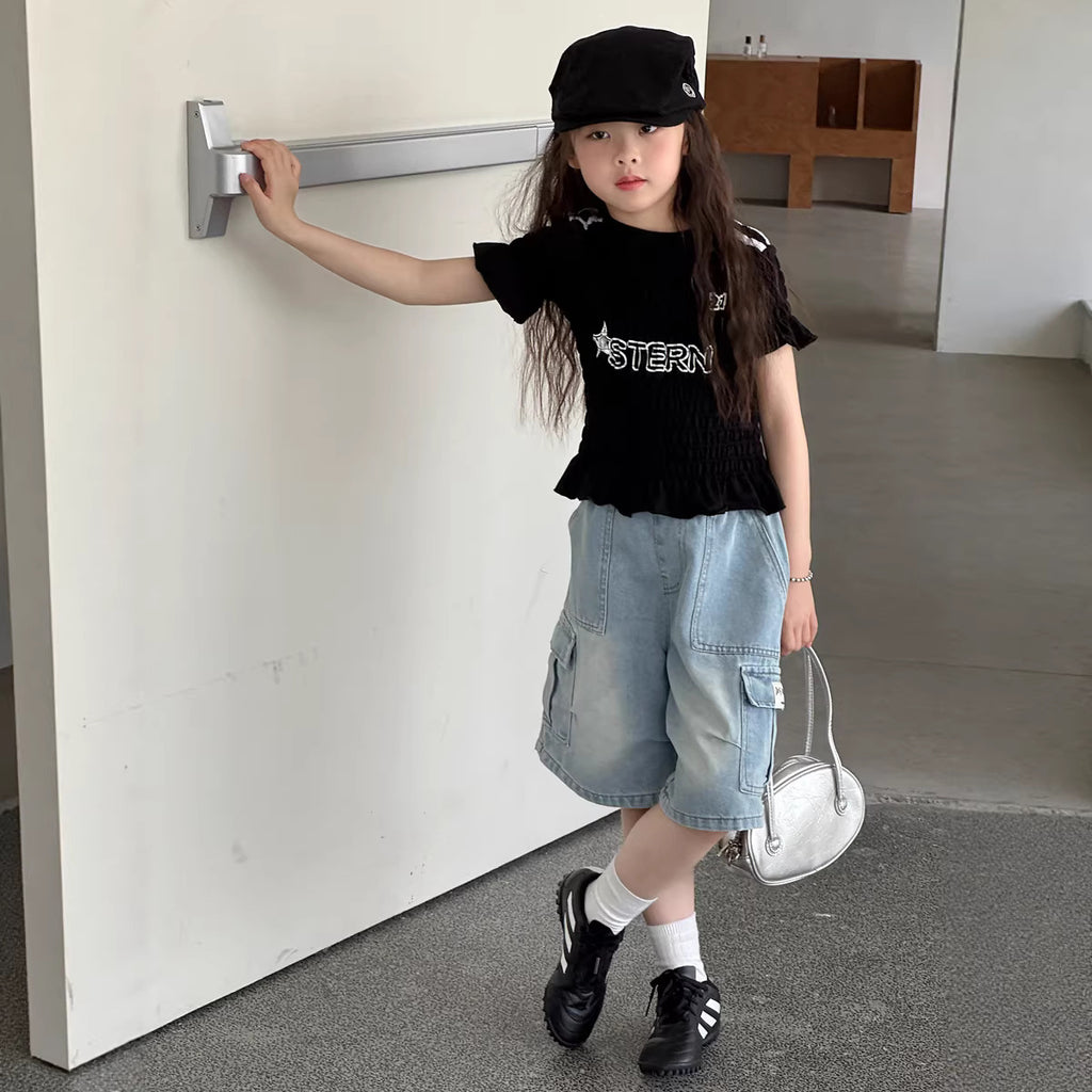 【100-150cm】工裝牛仔五分褲
