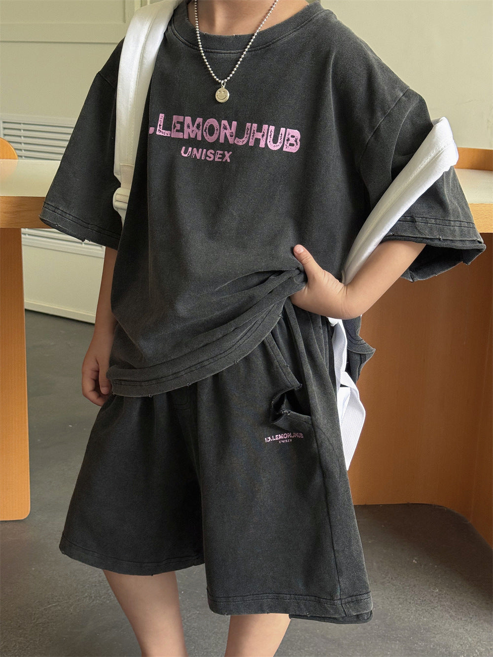 【100-160cm】韓系做舊字母印花休閒套裝