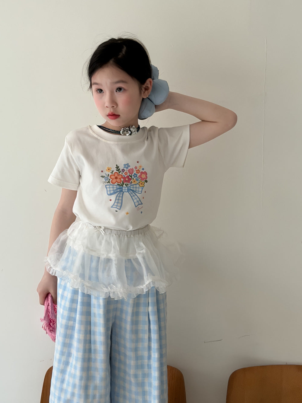 【100-160cm】韓版蝴蝶結花朵短袖