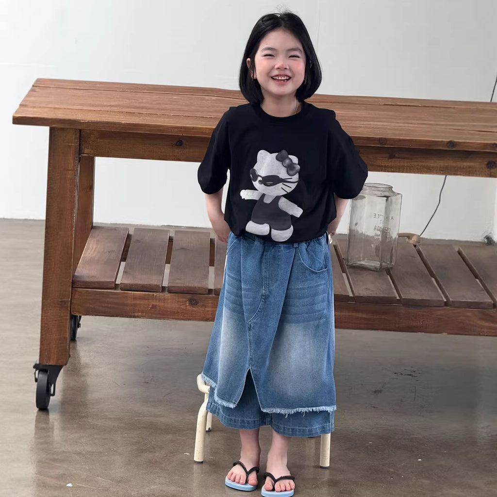 【120-160cm】不規則屁簾拼接寬腿七分牛仔褲