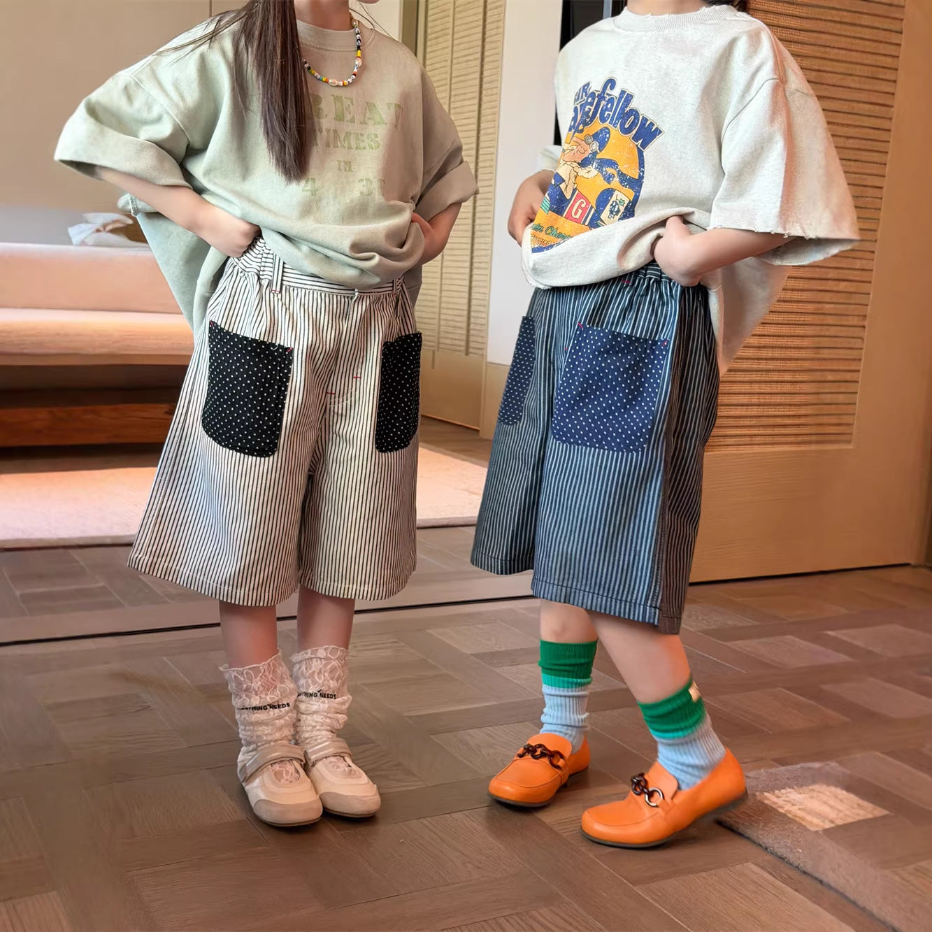 【90-150cm】日系條紋貼標牛仔五分褲