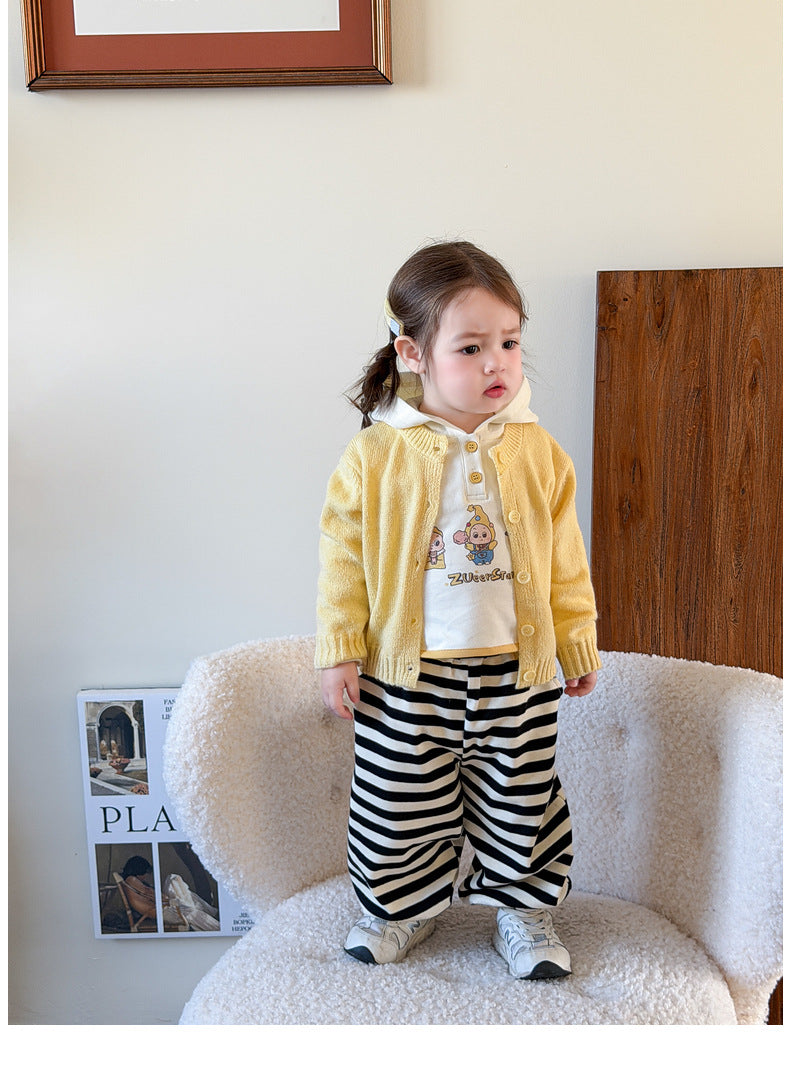 【73-110cm】星星連帽長袖 | 黃色針織開衫 | 條紋束腳褲