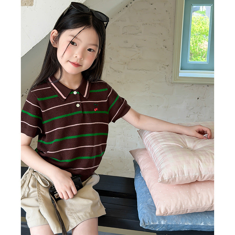 【100-170cm】條紋刺繡櫻桃POLO衫