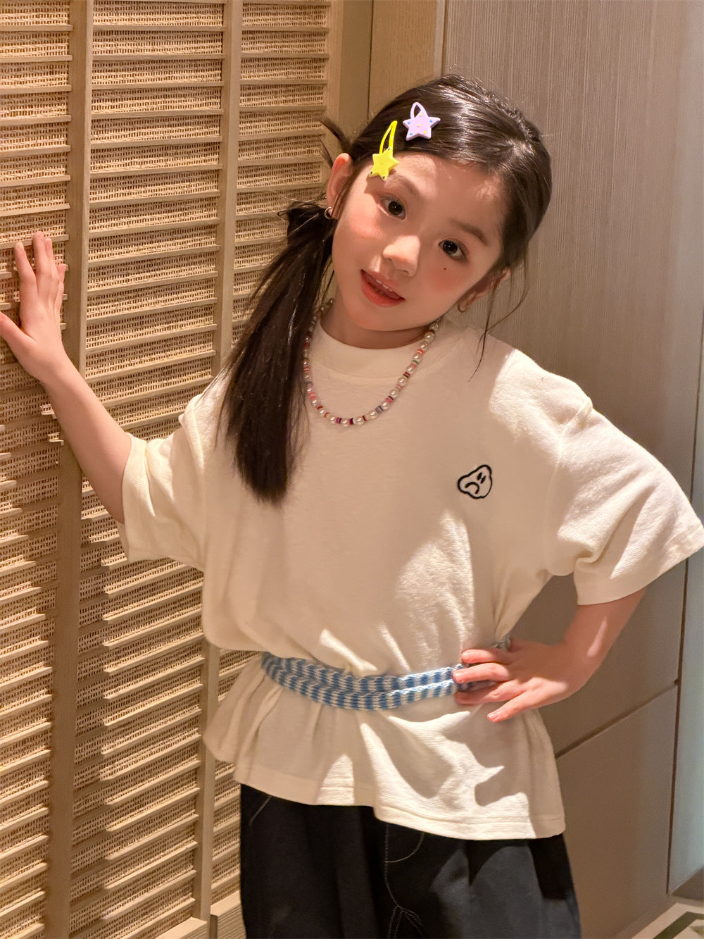 【90-150cm】韓版百搭刺繡圖案短袖
