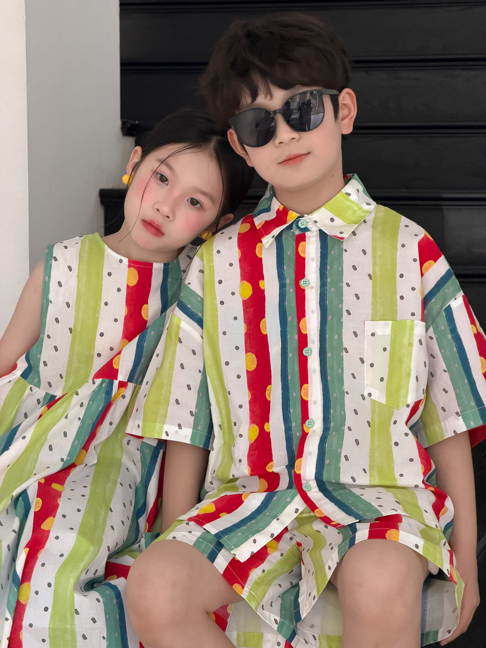 【100-160cm】韓版豎條紋彩色背心裙 | 套裝