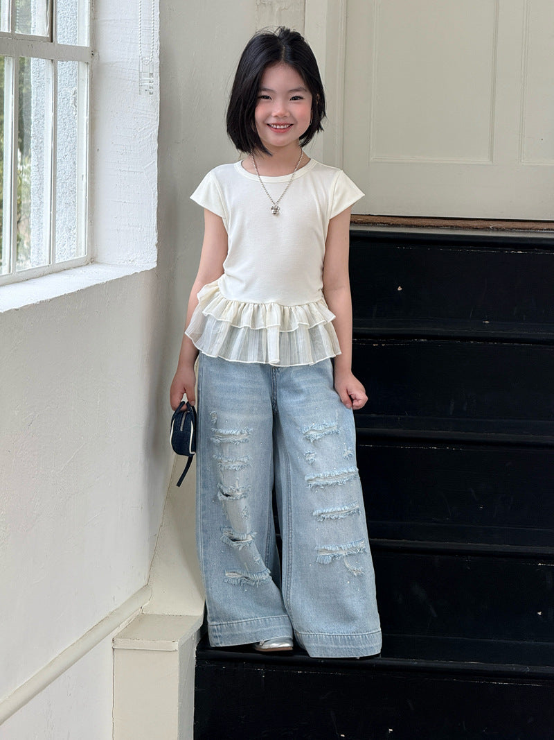 【120-160cm】彈性荷葉邊拼接短袖上衣