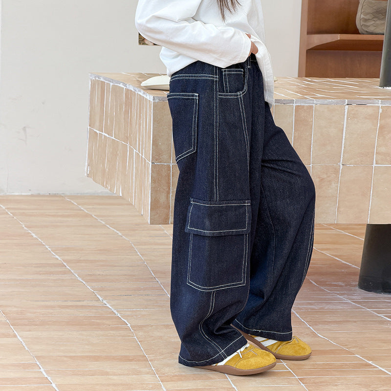 【100-170cm】撞色明線立體口袋工裝牛仔褲