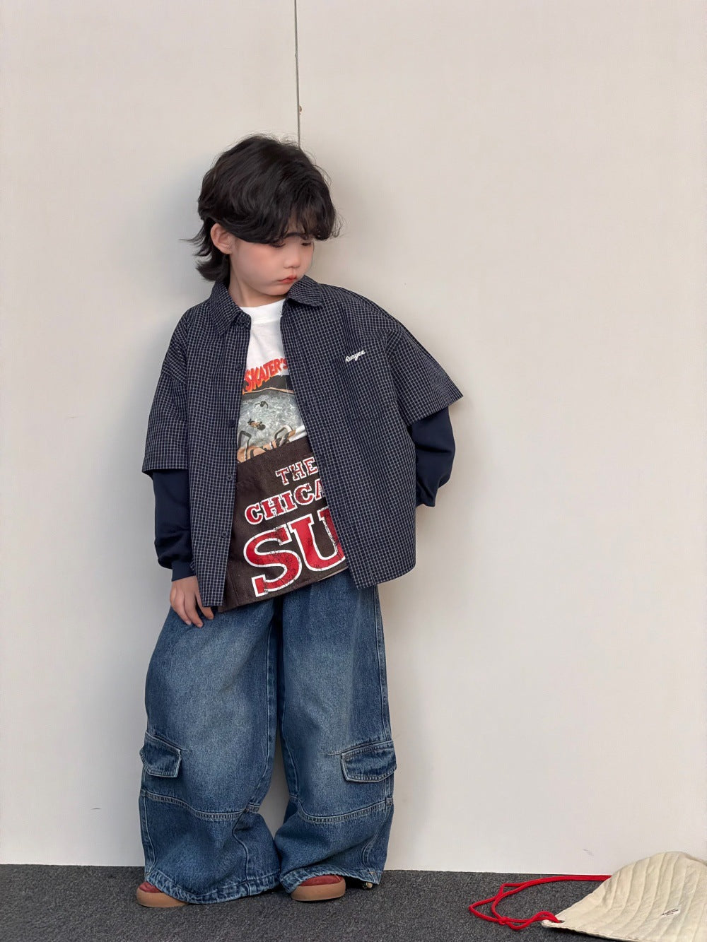 【90-150cm】假兩件格子襯衫|寬鬆印花長袖T|工裝牛仔褲