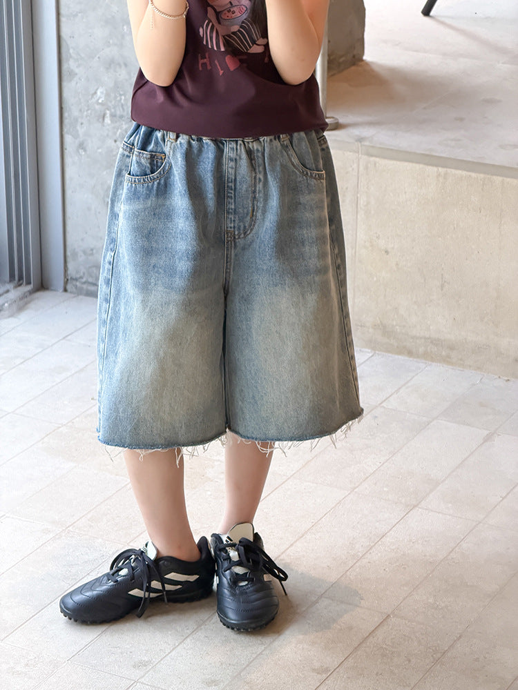 【100-170cm】街頭復古毛邊水洗牛仔七分褲