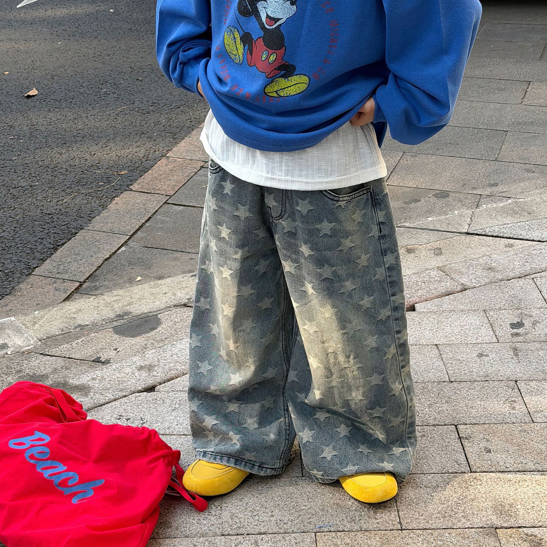 【90-160cm】設計感破洞水洗牛仔褲