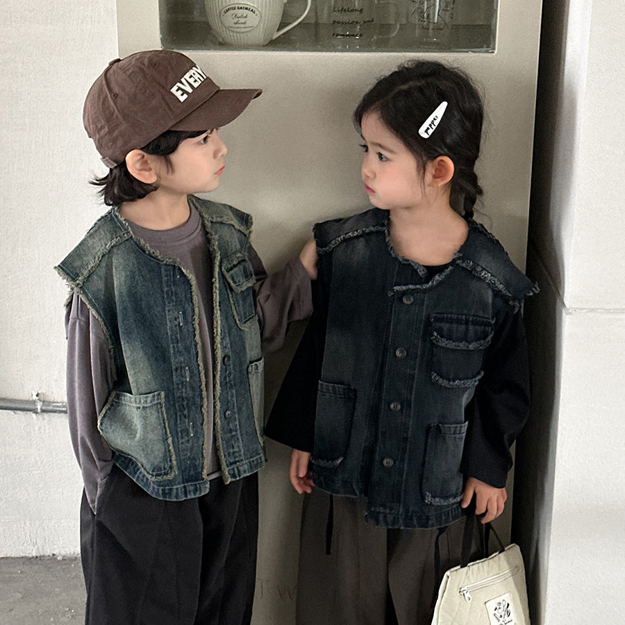 【80-140cm】短款毛邊牛仔工裝馬甲