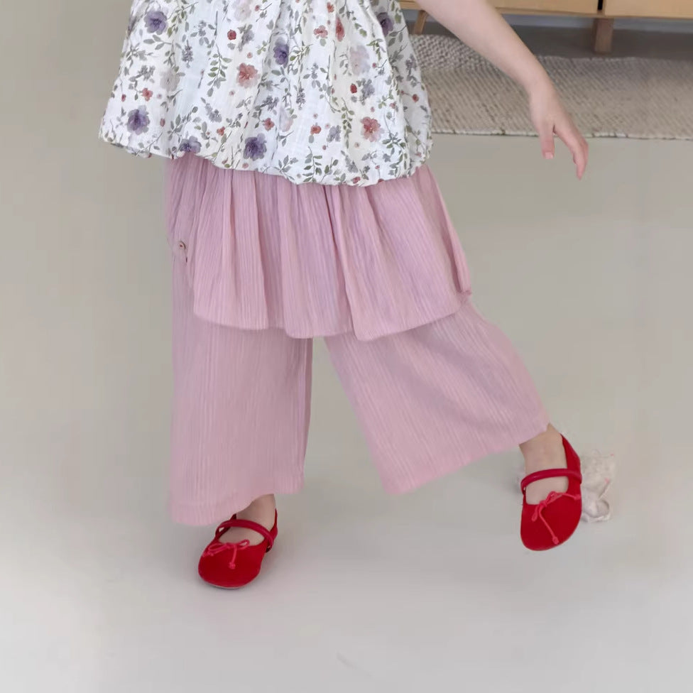 【90-140cm】韓版屁簾休閒闊腿褲