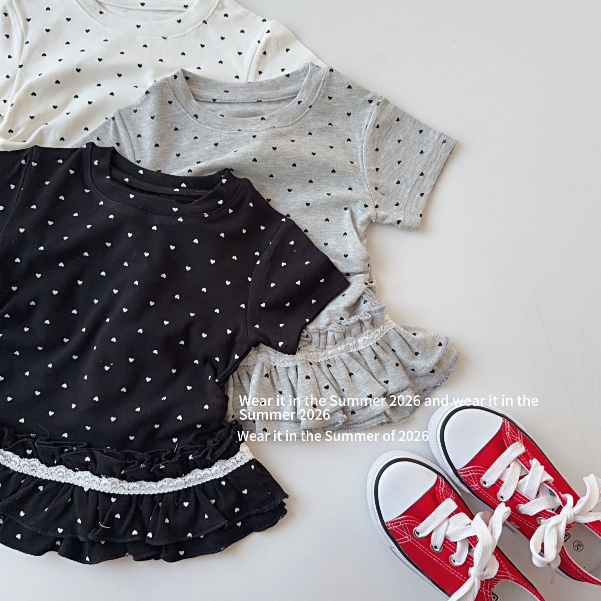 【90-150cm】愛心波點蕾絲花邊下擺上衣