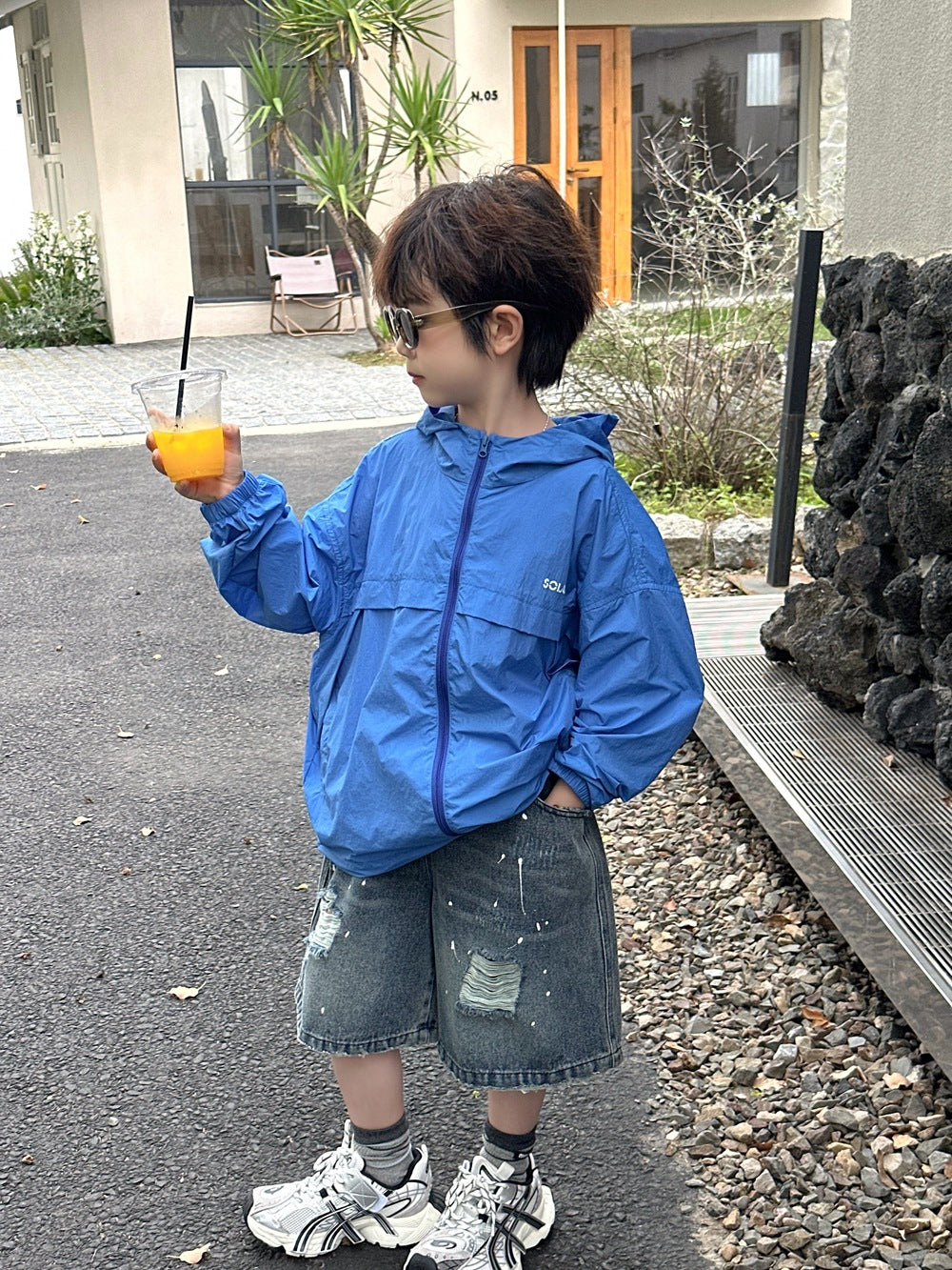 【100-160cm】甩漆破洞磨邊做舊牛仔五分褲