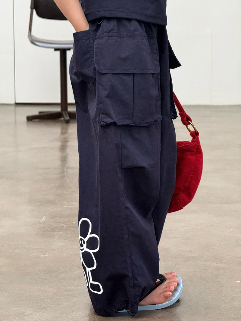 【120-160cm】口袋闊腿工裝褲