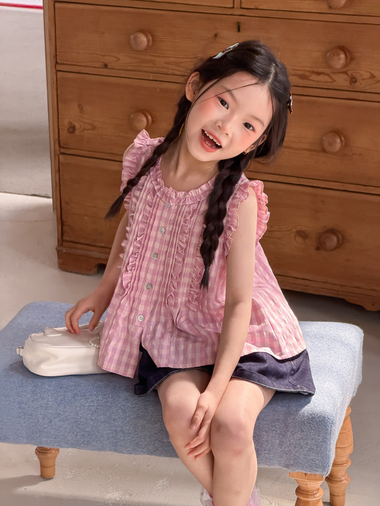 【100-170cm】清新木耳花邊格子背心