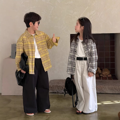 【100-160cm】格紋寬鬆翻領襯衫