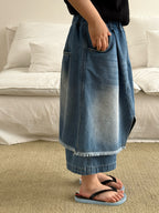 【120-160cm】不規則屁簾拼接寬腿七分牛仔褲