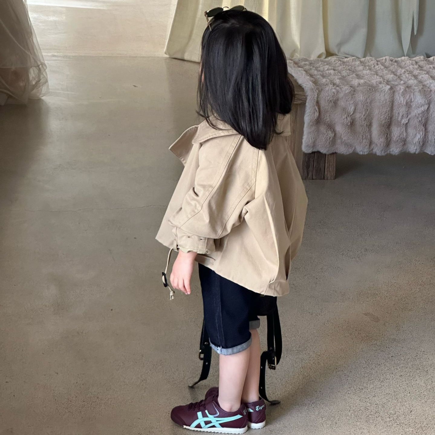 【90-140cm】大翻領短版風衣 |牛仔短褲