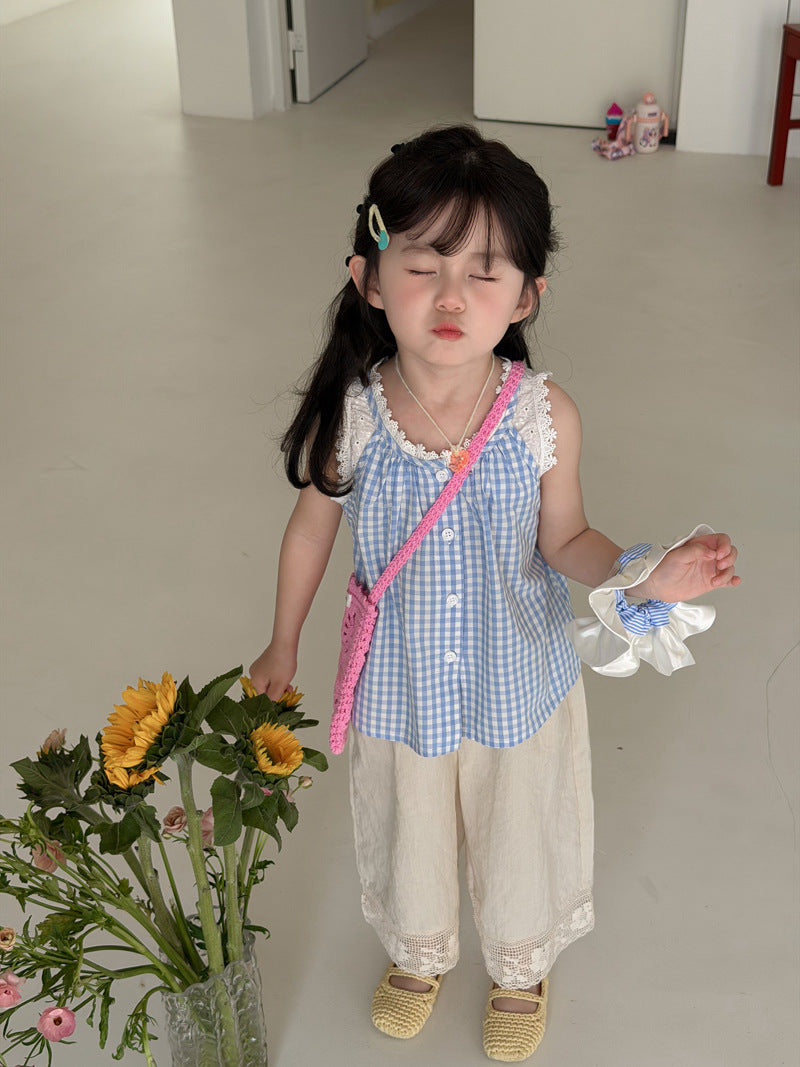 【90-140cm】格子蕾絲拼接背心