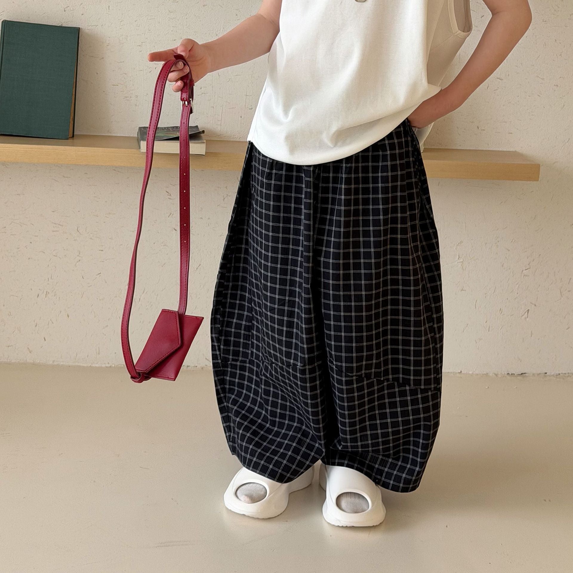 【90-160cm】韓版休閒格紋長褲