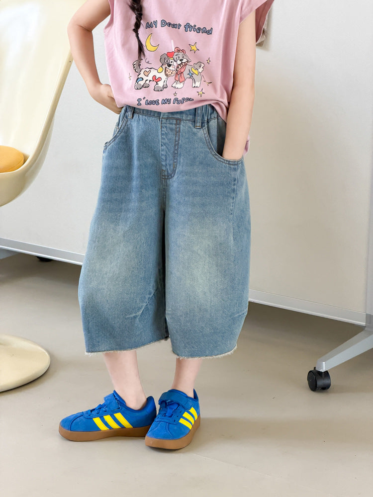 【100-170cm】隨性薄款水洗軟牛仔七分褲