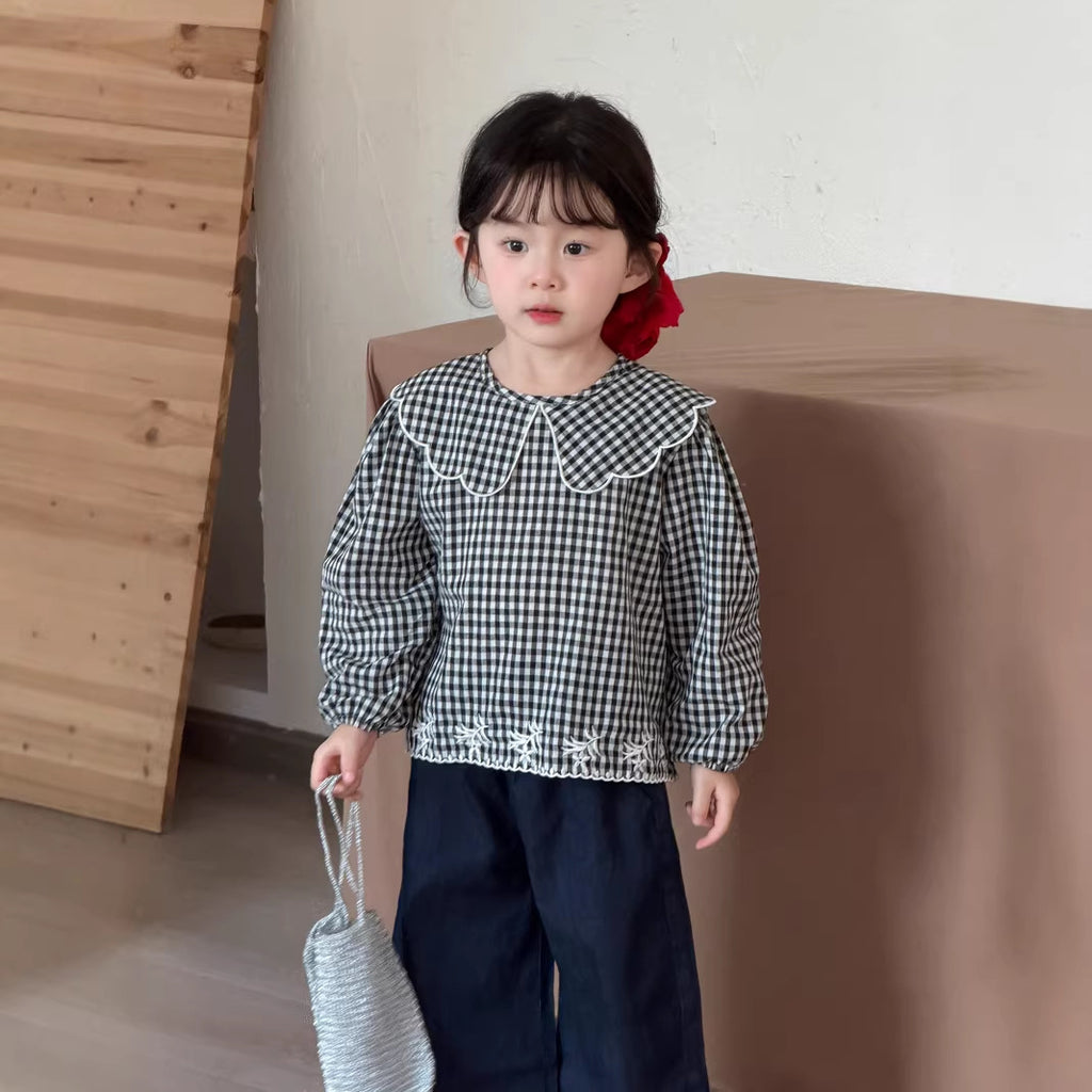 【90-140cm】重工刺繡格子襯衫