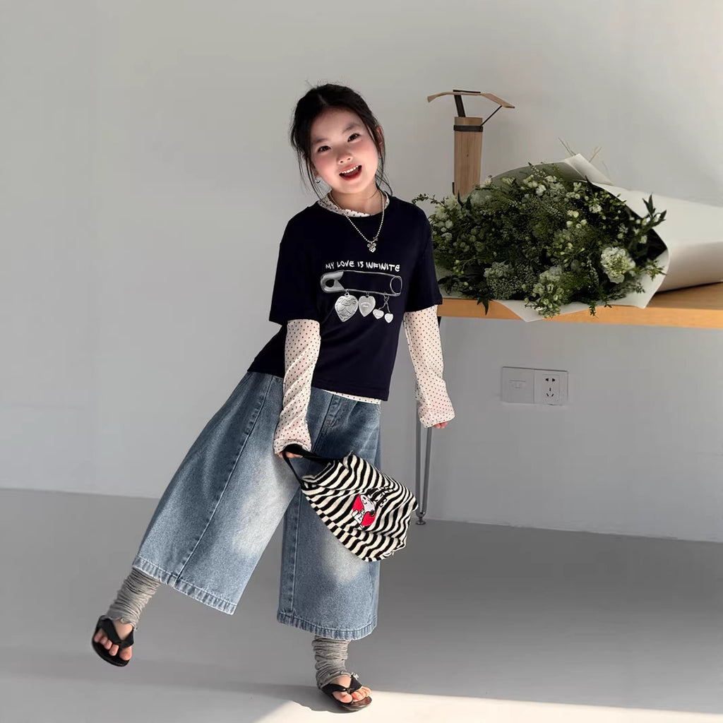【120-160cm】疊穿針織兩件套上衣印花T