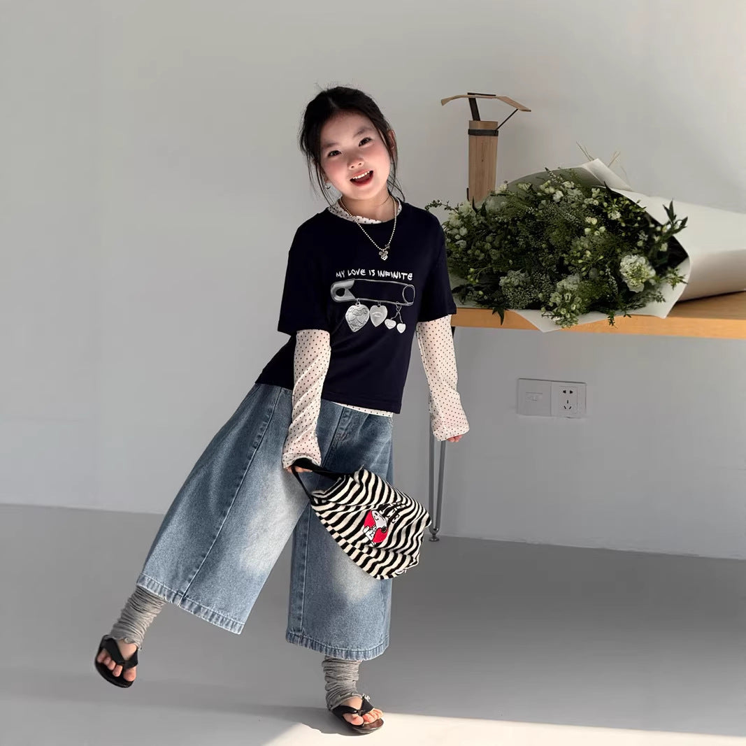 【120-160cm】疊穿針織兩件套上衣印花T