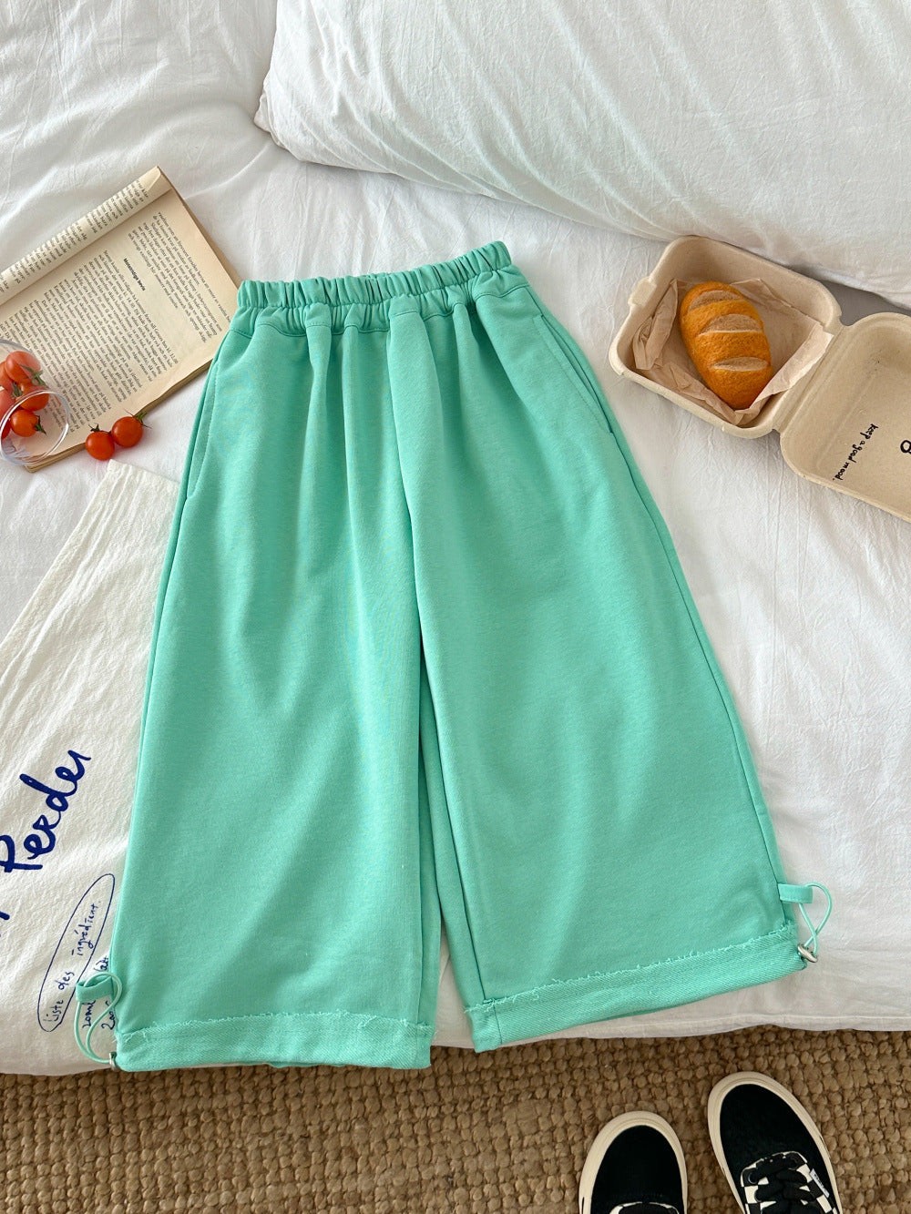 【100-160cm】純色抽繩兩穿百搭寬鬆褲