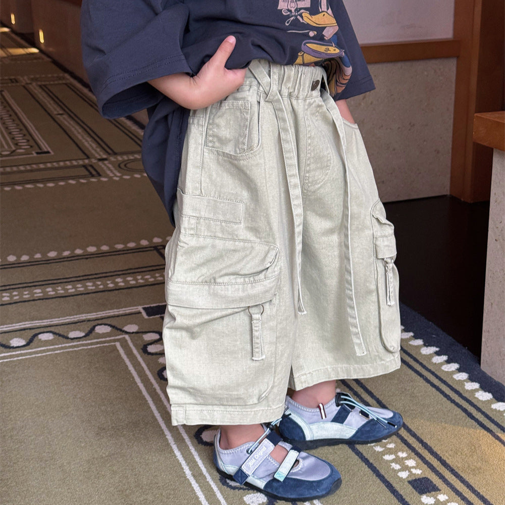 【100-160cm】韓系做舊工裝多口袋八分褲