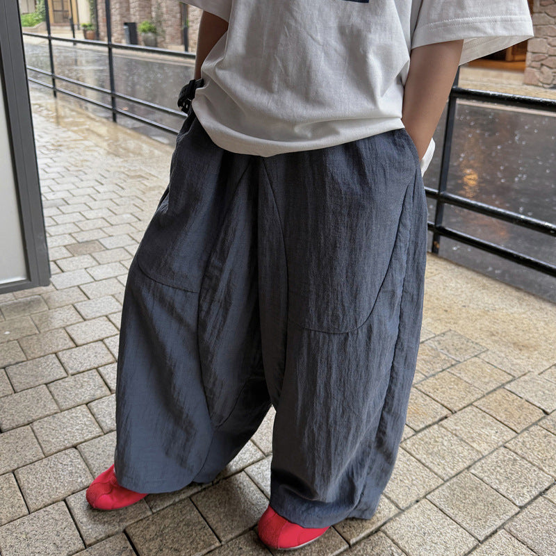【100-160cm】輕薄透氣寬鬆闊腿褲